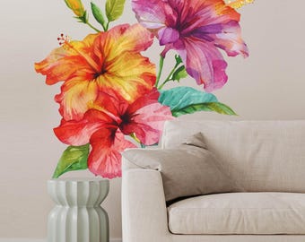 Hibiscus Flower Wall Decal, Tropical Watercolor Floral Wall Sticker, Large Boho Botanical Art, Mural, Living Room Bedroom Decor 33