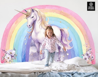 Unicorn Rainbow Wall Decal, Watercolor Rainbow Sticker, Pastel Room Art ,Boho, Nursery Decor, Wall mural, Girls Gift, Party