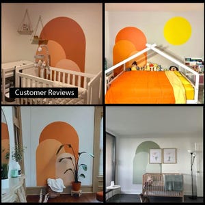 May include: Four different rooms with a wall mural of colorful arches. The arches are painted in shades of orange, yellow, and green. The murals are in a nursery, a bedroom, and a living room. The murals are a great way to add a pop of color and personality to any room.