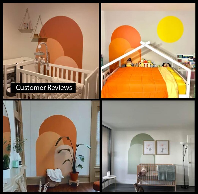 May include: Four different rooms with a wall mural of colorful arches. The arches are painted in shades of orange, yellow, and green. The murals are in a nursery, a bedroom, and a living room. The murals are a great way to add a pop of color and personality to any room.
