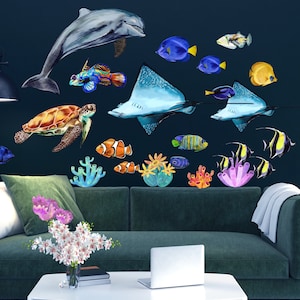 Ocean Animals Wall Decal, Rays Watercolor Sticker, Nursery Sea Set, Dolphin, Octopus, Fish Turtle, Peel and stick decals, Gift, Wall Mural