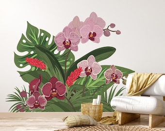 Tropical Orchid Wall Decal, Botanical Flower Sticker, Pink Orchid Mural, Jungle Decor
