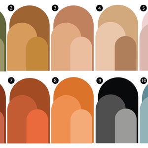May include: A digital illustration of ten color palettes, each with three shades of color arranged in a semi-circle shape. The colors are arranged in a gradient from light to dark. The palettes are numbered 1 through 10.