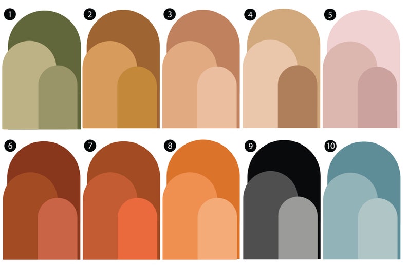 May include: A digital illustration of ten color palettes, each with three shades of color arranged in a semi-circle shape. The colors are arranged in a gradient from light to dark. The palettes are numbered 1 through 10.