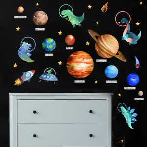 Space Stars Planets Wall Decal, Dinosaur Galaxy Solar System stickers, Dino Astronaut Cosmos Nursery Constellations Wall Art, Sticker