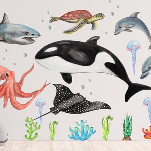 Ocean Animal Wall Decals , Sea Life Wall Stickers, Watercolor Sea Life Nursery Decor, Kids Room Wall Art, Peel and Stick, Mural