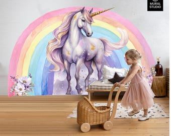 Unicorn Rainbow Wall Decal, Watercolor Rainbow Sticker, Pastel Room Art ,Boho, Nursery Decor, Wall mural, Girls Gift, Party, U8