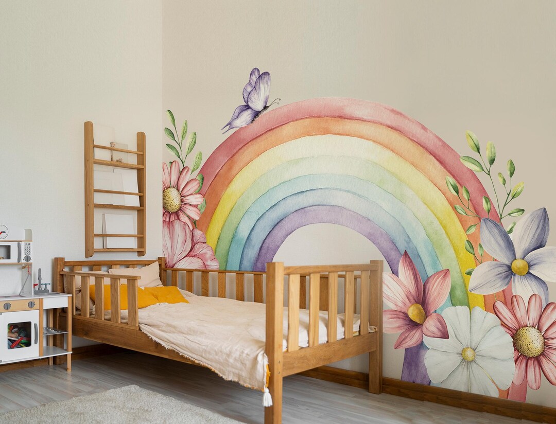 Watercolor Rainbow Wall Decal, Floral Pastel Rainbow Sticker, Butterfly ...