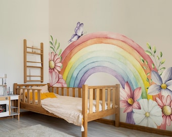 Watercolor Rainbow Wall Decal, Floral Pastel Rainbow Sticker, Butterfly Flowers Wall Art, Kids Bedroom Nursery Decor, Modern Mural