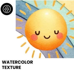 May include: A watercolour illustration of a smiling sun with rosy cheeks and closed eyes, radiating yellow rays. The sun is set against a backdrop of a rainbow with blue, purple, and yellow hues. The text "WATERCOLOR TEXTURE" is at the bottom.