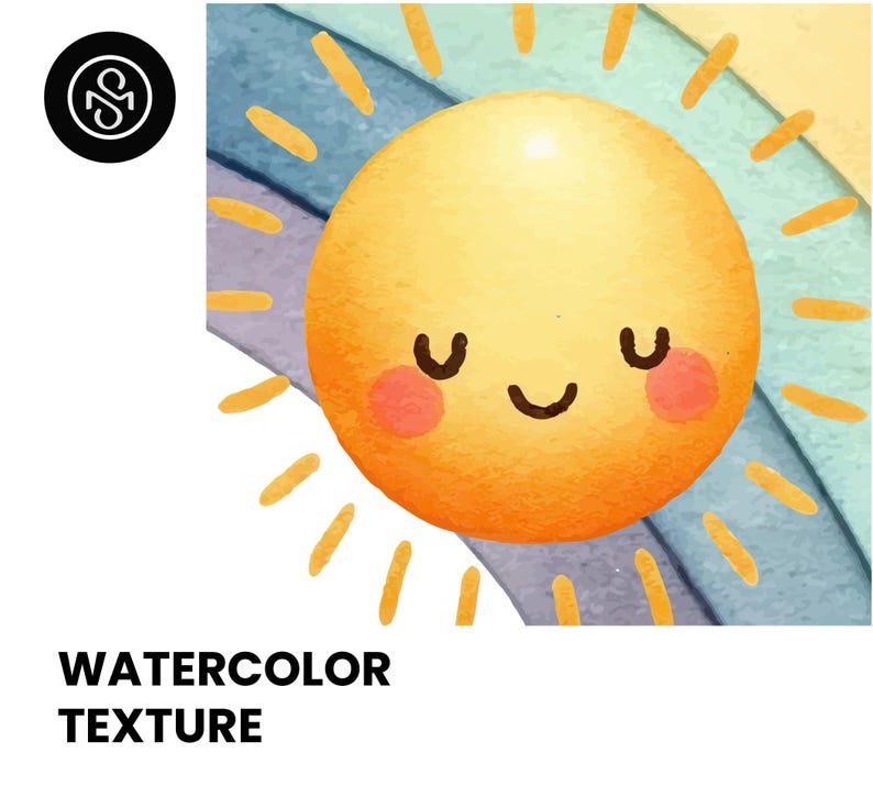 May include: A watercolour illustration of a smiling sun with rosy cheeks and closed eyes, radiating yellow rays. The sun is set against a backdrop of a rainbow with blue, purple, and yellow hues. The text "WATERCOLOR TEXTURE" is at the bottom.