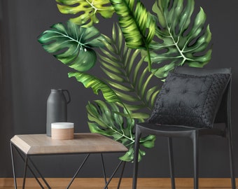 Green leaf wall decal Palm Leaf wall sticker Watercolor Tropical Leaves sticker Tropical Jungle Leaves decal Banana Leaf Wall Decals, Set 3