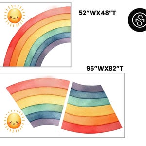May include: Watercolor rainbow art print with a smiling sun. The artwork features a colorful rainbow in shades of red, orange, yellow, green, blue, and purple. The dimensions are 132cm W x 122cm T and 241cm W x 208cm T.