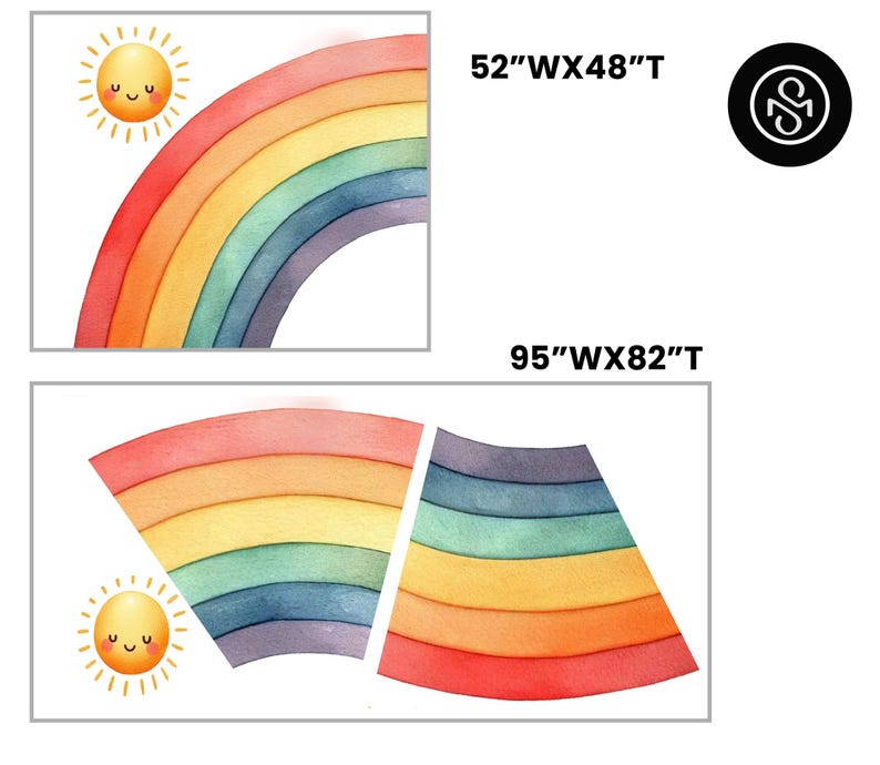 May include: Watercolor rainbow art print with a smiling sun. The artwork features a colorful rainbow in shades of red, orange, yellow, green, blue, and purple. The dimensions are 132cm W x 122cm T and 241cm W x 208cm T.
