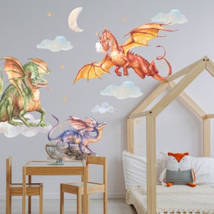Dragons Wall Decal Sticker, Decor Magic Nursery Room, Dragon Art Decor, Nursery Kids Room, Birthday gift boys, Peel and stick, Mural