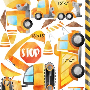 May include: A set of watercolor construction vehicle illustrations, including a dump truck, cement mixer, bulldozer, excavator, and cones. The illustrations are in shades of yellow, orange, and black, with the text "STOP" in red. The illustrations are labeled with their dimensions in inches.