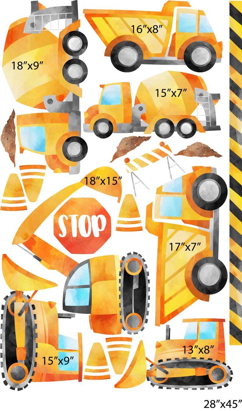 May include: A set of watercolor construction vehicle illustrations, including a dump truck, cement mixer, bulldozer, excavator, and cones. The illustrations are in shades of yellow, orange, and black, with the text "STOP" in red. The illustrations are labeled with their dimensions in inches.