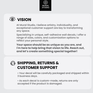 May include: Vision statement for a company that creates unique, self-adhesive wall decals. The text highlights the company's commitment to artistry, individuality, and customer support. The company offers a range of sizes, colors, and customization options to reflect personal style. The text also includes information about shipping and returns.