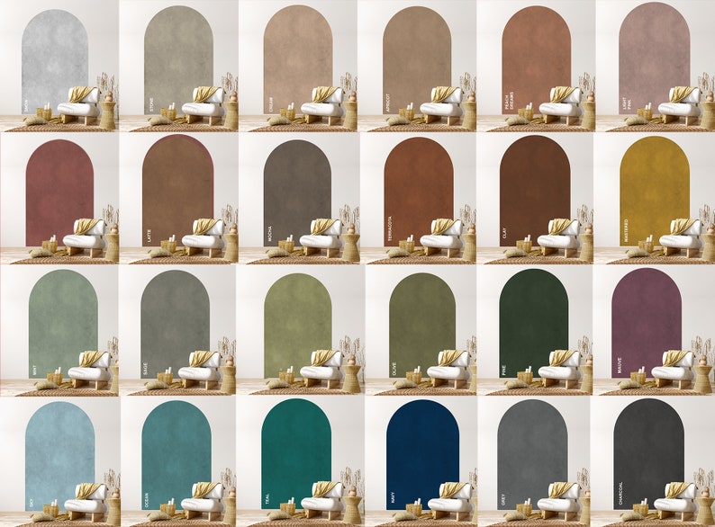 Op de afbeelding: Een verzameling van 20 boogvormige muurstickers in verschillende kleuren, waaronder grijs, bruin, groen, blauw en paars. Elke sticker heeft een textuur, een licht verweerde afwerking, wat een unieke en rustieke touch aan elke kamer geeft.