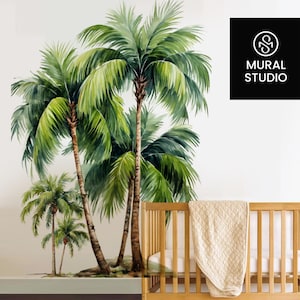 Palm Tree Watercolor Wall Decal - Beach House Tropical Sticker, 72 Tall, Seagulls Included, Matte Finish 4 thumbnail image