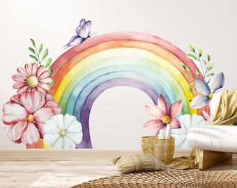 Watercolor Rainbow Wall Decal, Floral Pastel Rainbow Sticker, Butterfly Flowers Wall Art, Kids Bedroom Nursery Decor, Modern Mural, 6
