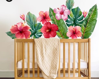 Tropical Botanical Nursery Wall Mural – Hibiscus Flowers & Palm Leaves