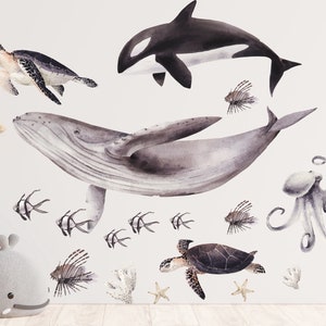 Ocean Animal Wall Decals , Coastal wall decor, Wall Art, Sea Life Wall Stickers, Watercolor Sea Nursery Decor, Kids Room Wall Art, Mural