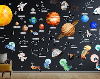 Space Stars Planets Wall Decal, Galaxy Solar System art stickers, Astronaut Dino Cosmos Nursery  Constellations Art, Dinosaur wall decals