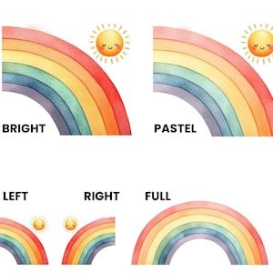 May include: A collection of watercolour illustrations featuring rainbows and smiling suns. The image includes the words "BRIGHT", "PASTEL", "LEFT", "RIGHT", and "FULL". The rainbows display a spectrum of colours, including red, orange, yellow, green, blue, and purple.