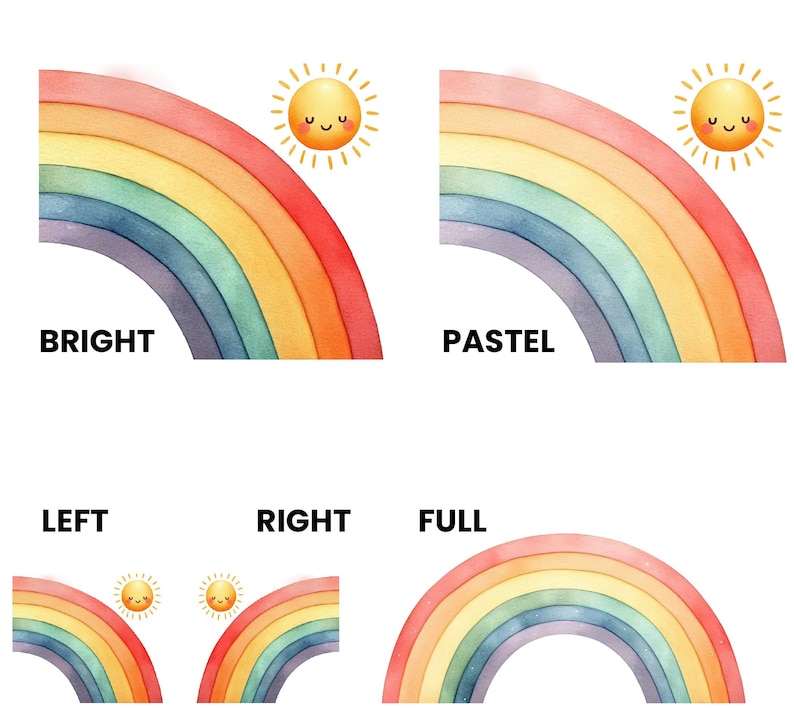May include: A collection of watercolour illustrations featuring rainbows and smiling suns. The image includes the words "BRIGHT", "PASTEL", "LEFT", "RIGHT", and "FULL". The rainbows display a spectrum of colours, including red, orange, yellow, green, blue, and purple.