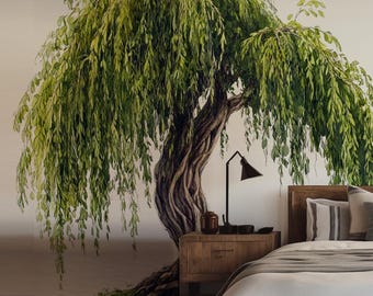Willow tree mural wallpaper, Nursery Wall Decal, Wall Art Decor, Bedroom sticker, Living Room, Peel Stick, Watercolor Green Tree