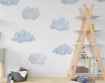 Calcomanías de pared de nubes, decoración de pared de nubes esponjosas, calcomanía de pared para guardería, calcomanía de acuarela para habitación infantil en tonos pastel, papel tapiz despegable y pegable.