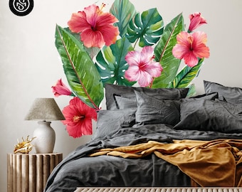 Tropical Botanical Wall Mural with Hibiscus Flowers & Palm Leaves | Floral Jungle Wallpaper | Peel and Stick Wall Decor | Home Mural
