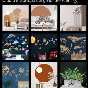 May include: A collage of nine images showcasing different wall decal designs for home decor. The designs include a solar system, ocean life, geometric shapes, and tropical leaves. The decals are shown in various rooms, including living rooms, bedrooms, and children's rooms.