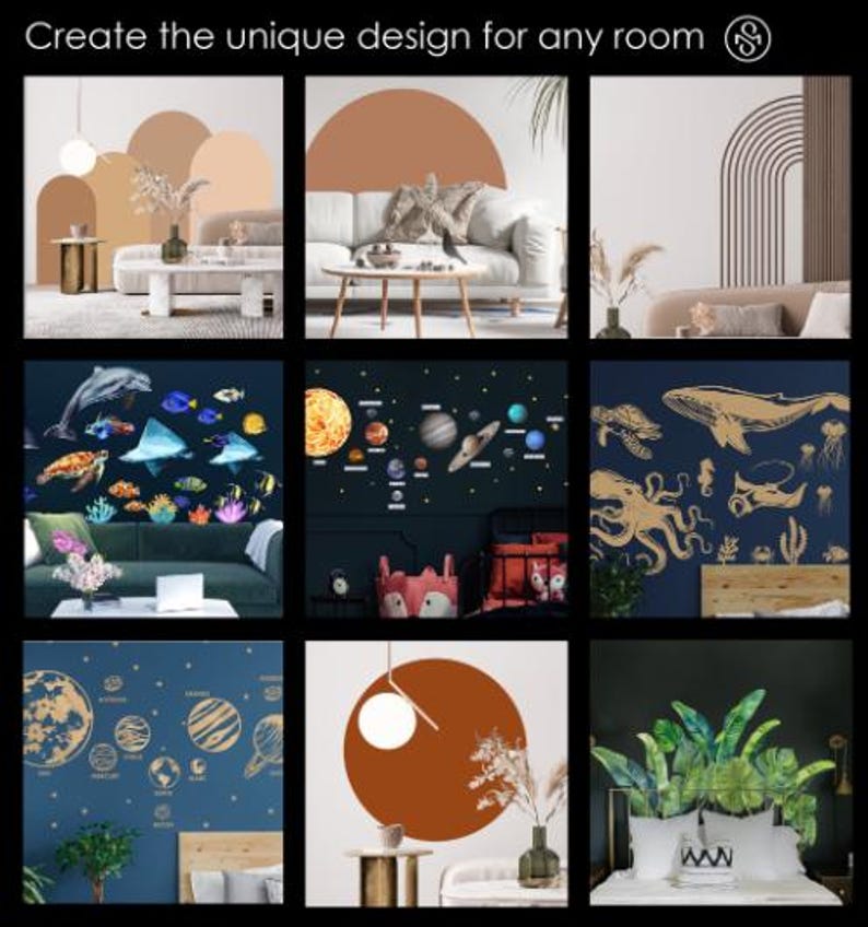 May include: A collage of nine images showcasing different wall decal designs for home decor. The designs include a solar system, ocean life, geometric shapes, and tropical leaves. The decals are shown in various rooms, including living rooms, bedrooms, and children's rooms.