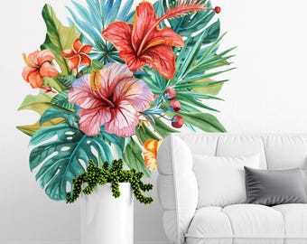 Hibiscus Flower Wall Decal, Tropical Watercolor Floral Wall Sticker, Large Boho Botanical Art, Mural, Living Room Bedroom Decor, 32