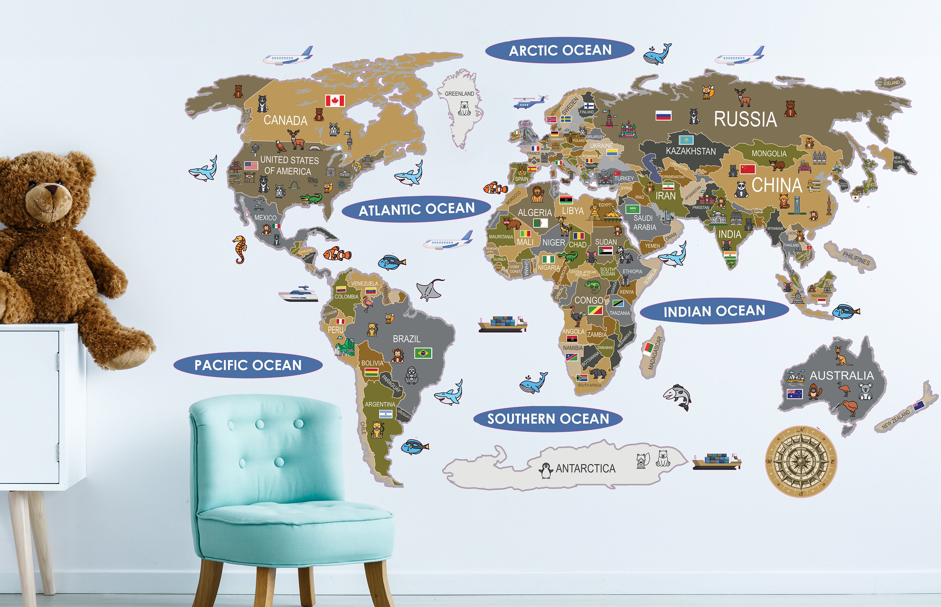 World Map Wall Decal World Map With Animals Sticker Map With Etsy