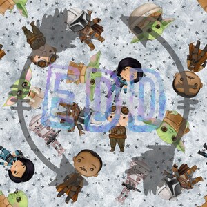 May include: A seamless pattern featuring a variety of cartoon characters from the Star Wars universe. The characters are depicted in a whimsical style, with bright colors and playful expressions. The background is a light gray with a subtle star pattern.