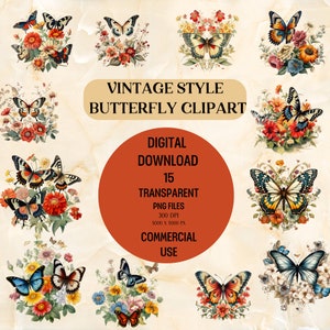 Vintage-Style Butterfly | 15 High-Quality Transparent PNG  for Commercial Use | Old Fashion Butterfly | Instant Digital Download