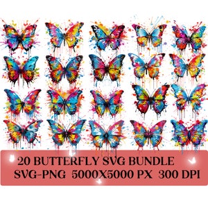 May include: A set of 20 colorful butterfly SVG files. Each butterfly is depicted with a watercolor-like effect, featuring vibrant splashes of color. The butterflies are isolated on a white background. The image includes the text "20 BUTTERFLY SVG BUNDLE SVG-PNG 5000X5000 PX 300 DPI".