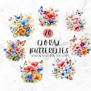 Watercolor Floral Butterfly Clipart | Butterfly SVG-PNG Bundle | 20 High-Quality Transparent SVG for Commercial Use | Instant Download