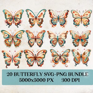 Bundle png de papillons SVG papillon à usage commercial Téléchargement instantané de cliparts papillon style bohème