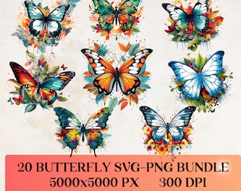 Butterfly Clipart Butterfly SVG Bundle Commercial Use Butterfly Transparent png Instant Download Butterfly png Watercolor Floral Butterfly