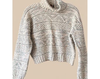 90s Vintage Boxy Cropped Cotton Confetti Cable Knit Fisherman M