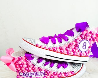 Personalized Birthday Shoes – Bling Pearl Sneakers, Custom Name & Number