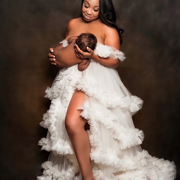 Maternity Cami Romper & Tiered Ruffle Tulle Robe Two Piece Photography Set