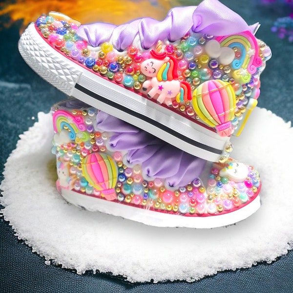 Toddler girl Kids bling pearl unicorn Shoes - customized name shoes Birthday Shoes- 1st Birthday Shoes- rainbow unicorn birthday colorful