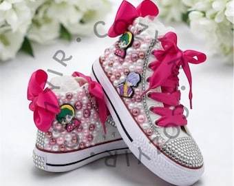 Zapatos de cazador de demonios Kpop personalizados con perlas brillantes para niña pequeña, zapatos con nombre personalizado, zapatos de cumpleaños, zapatos de primer cumpleaños, zapatillas de cumpleaños