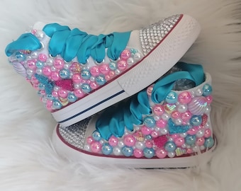 Bling Pearl Little Mermaid Shoes: Customized 1st Birthday Shoes- Name- Halloween- custom sneakers-bride shoe-