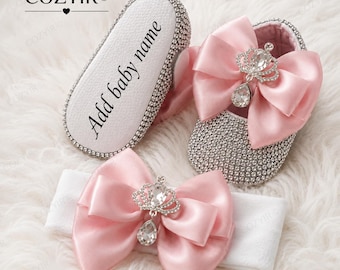Noworodkowe buciki z kryształkami - spersonalizowane buciki z imieniem, buty na baby shower, buty do chrztu, buty ślubne dla niemowląt